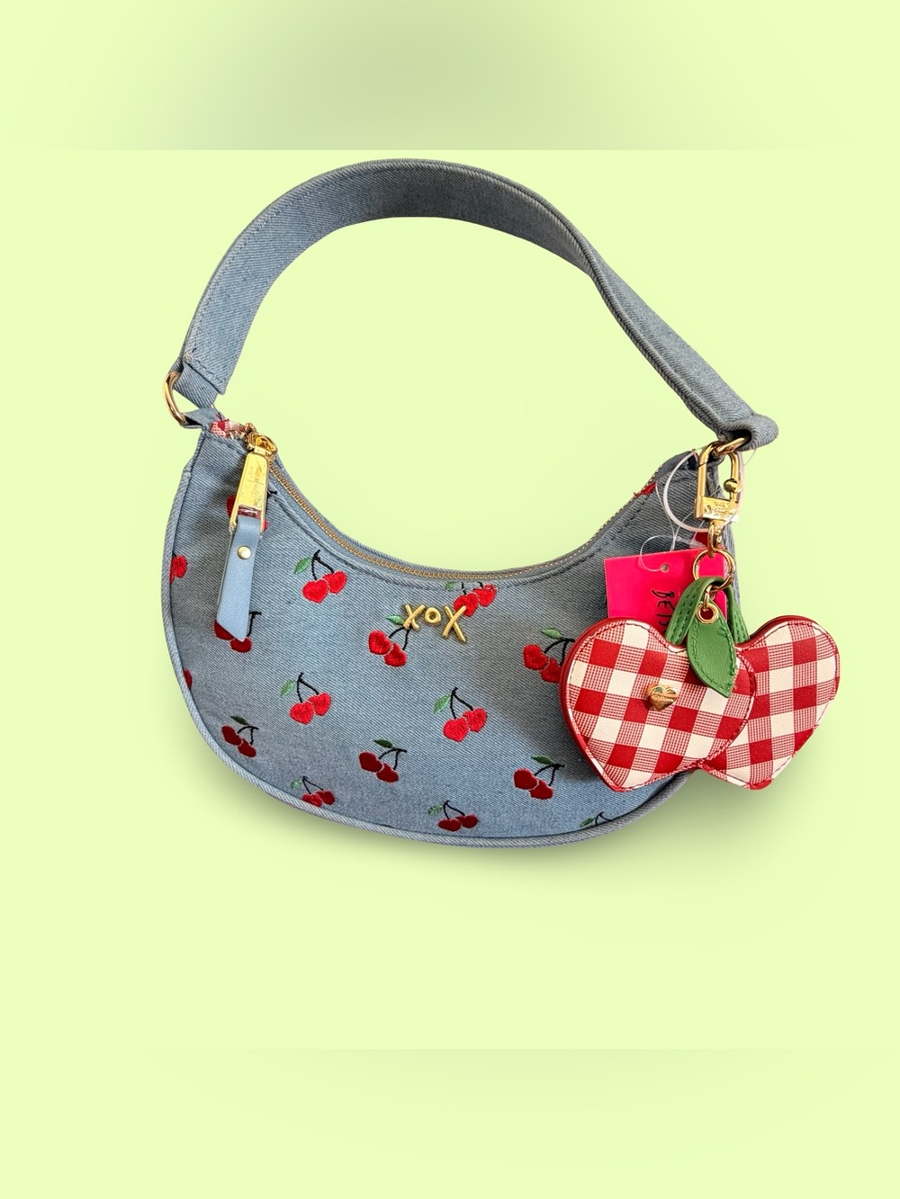 Betsey Johnson Denim Cherry Hearts Shoulder Bag with Gingham Cherry Charm - Picture 1 of 3